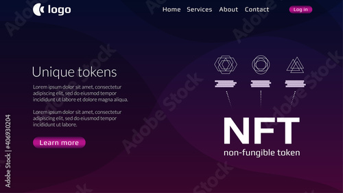 Website header template for NFT nonfungible tokens with infographics unique coins on dark background. Pay for unique collectibles in games or art. Vector illustration.