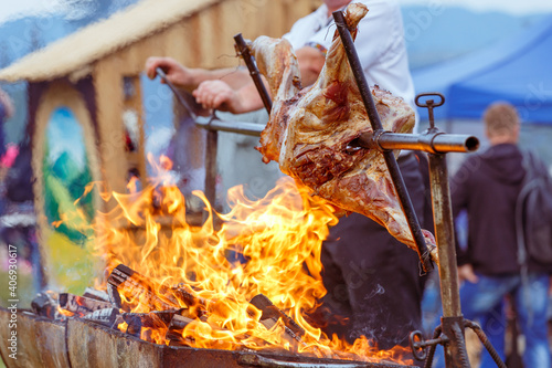 Traditional cooking mutton on fire at the festival