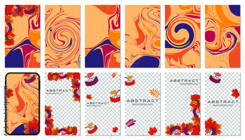 Trendy editable template for social networks stories, posts. Designer wallpaper, screensaver, banner, screen background. Set of autumn backgrounds. Vector illustration. Each layer is insulated