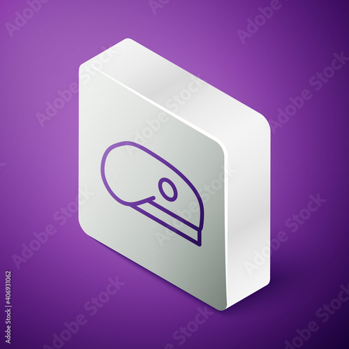 Isometric line Military beret icon isolated on purple background. Soldiers cap. Army hat. War baret. Silver square button. Vector.
