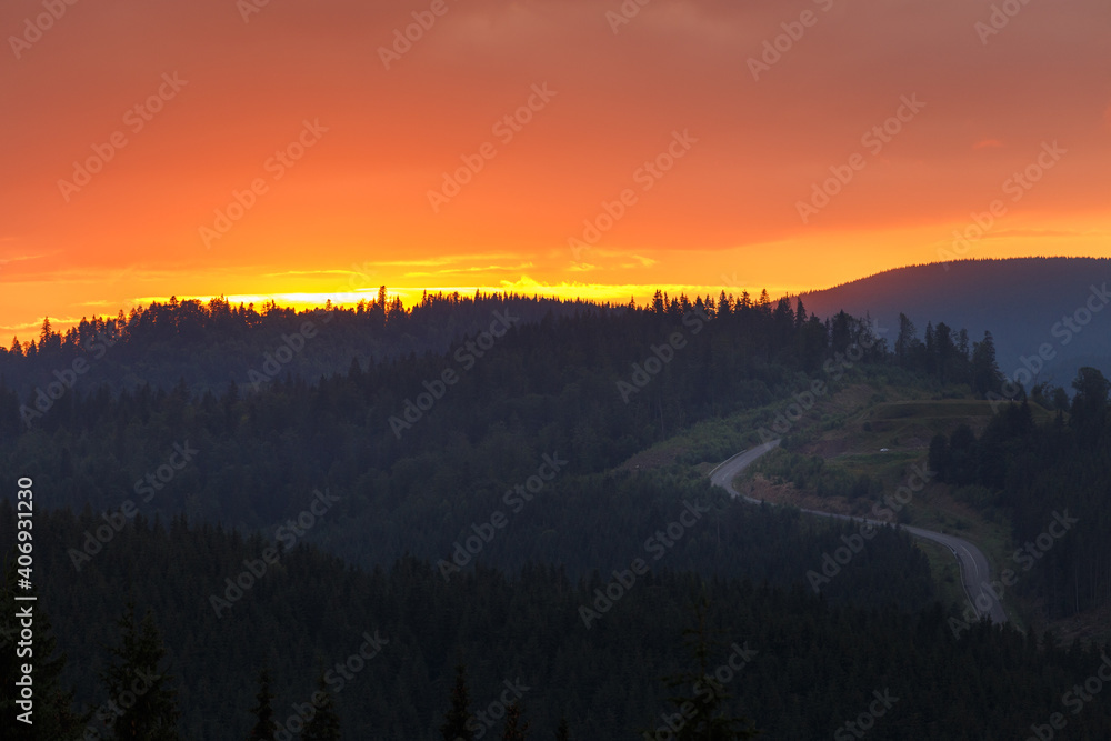 Panoramic view of sunset in the mountains
