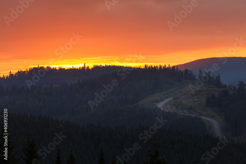 Panoramic view of sunset in the mountains