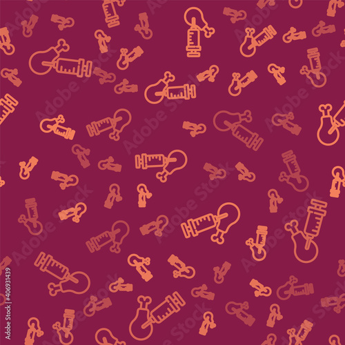 Brown line Gmo research chicken icon isolated seamless pattern on red background. Syringe being injected to chicken. Vector.