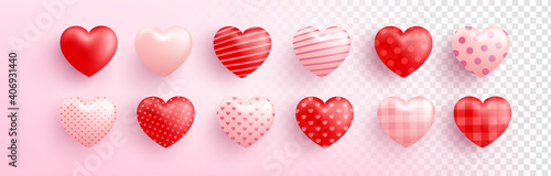 Red and pink Sweet heart with different patterns on transparent background. Cute heart for Love and Valentine's day template.Vector illustration eps 10