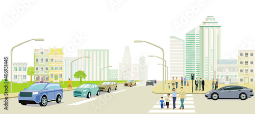 Straßenverkehr mit Menschen auf dem Bürgersteig Illustration