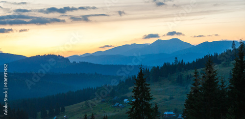 Panoramic view of sunset in Carpathians mountains