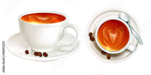 Latte with pattern on foam top and side view isolated on white background. Realistic view of coffee with the necessary accessories. Vector illustration