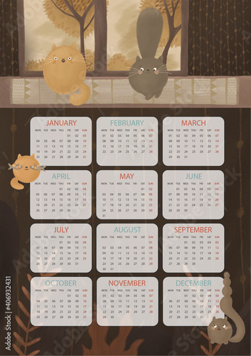 Fototapeta Naklejka Na Ścianę i Meble -  Cute calendar with two cats. Calendar for 2021. Two round cats on the windowsill, a red and a gray cat. Up-to-date, fashionable calendar for the whole year