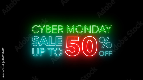 Cyber Monday sale colorful neon sign banner in black background for promote. concept of promotion brand sale series 10-90%