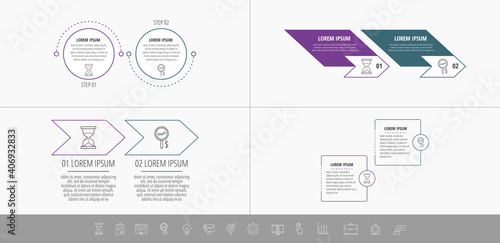 Set Infographics 2 steps. Line vector template. Can be used for diagram, business, web, banner, flowchart, info graph, timeline, content, levels, chart, processes diagram