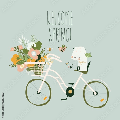 Cute cartoon cat sitting on bike with spring bouquet of flowers