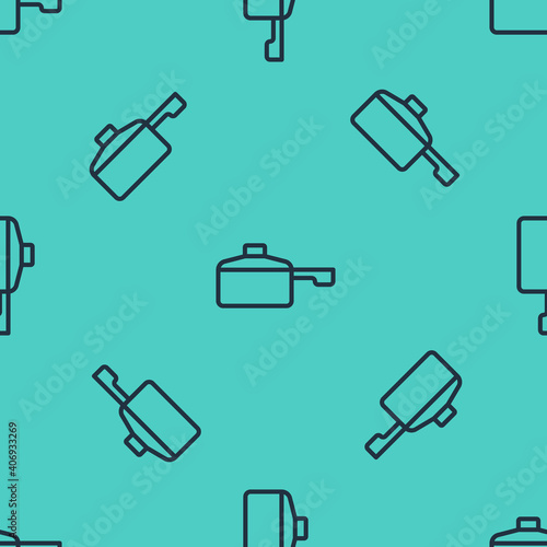 Black line Frying pan icon isolated seamless pattern on green background. Fry or roast food symbol. Vector.