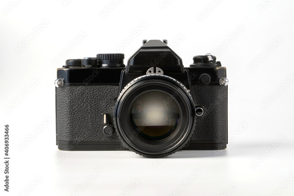 Antique old fashion film camera front view isolated on white background including clipping path