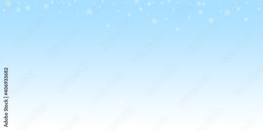 Sparse glowing snow Christmas background. Subtle flying snow flakes and stars on winter sky background. Amusing winter silver snowflake overlay template. Unusual vector illustration.