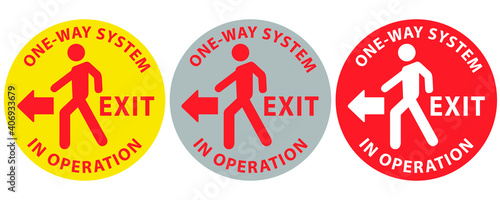 Social distancing concept for preventing coronavirus covid-19 with arrow left side and wording exit and one way system in operation on circle. warning or caution sign. 