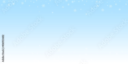 Sparse glowing snow Christmas background. Subtle flying snow flakes and stars on winter sky background. Amusing winter silver snowflake overlay template. Unusual vector illustration.