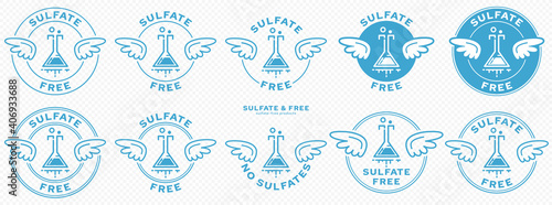 A set of conceptual stamps for packaging products. Labeling - sulfate free. A stamp with wings is a symbol of liberation, freedom. Chemical flask flat icon and flowing ingredient line. Vector