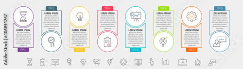 Circles vector line infographic with 8 step, icons. Timeline used for chart, web, banner, workflow layout, presentations, flowchart, info graph, content, levels, chart, processes diagram