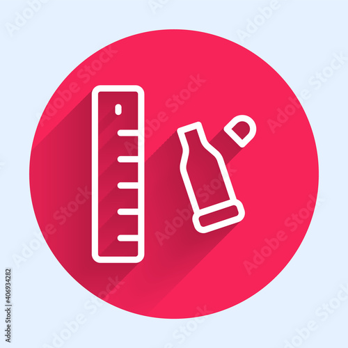 White line Bullet casing as a piece of evidence placed with forensic ruler for documentation icon isolated with long shadow. Concept of crime scene. Red circle button. Vector.