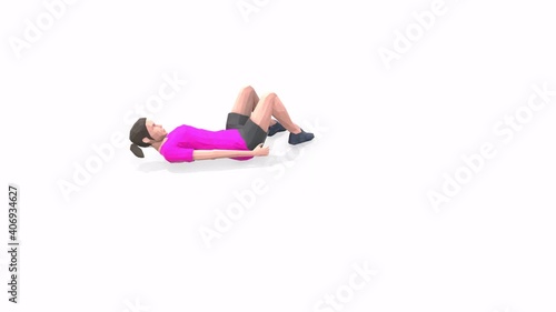 Woman exercise animation 3d model on a white background in the Pink t-shirt. Low Poly Style