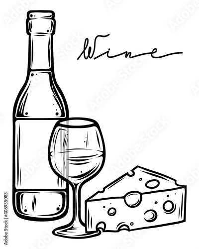 Bottle of wine with glass and cheese, monochrome, vector
