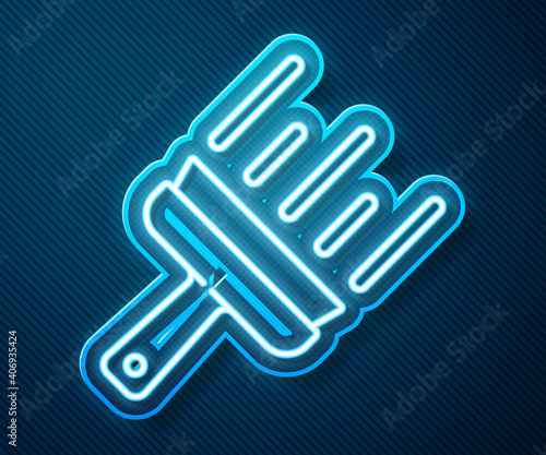 Glowing neon line Cleaning service with of rubber cleaner for windows icon isolated on blue background. Squeegee, scraper, wiper. Vector.