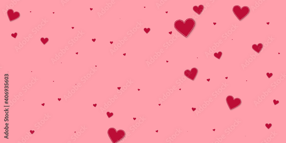 Red heart love confettis. Valentine's day falling rain trending background. Falling stitched paper hearts confetti on pink background. Emotional vector illustration.