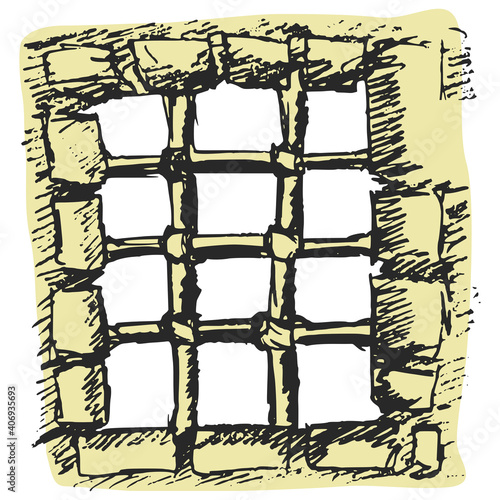 Old window with rusty lattice in jail