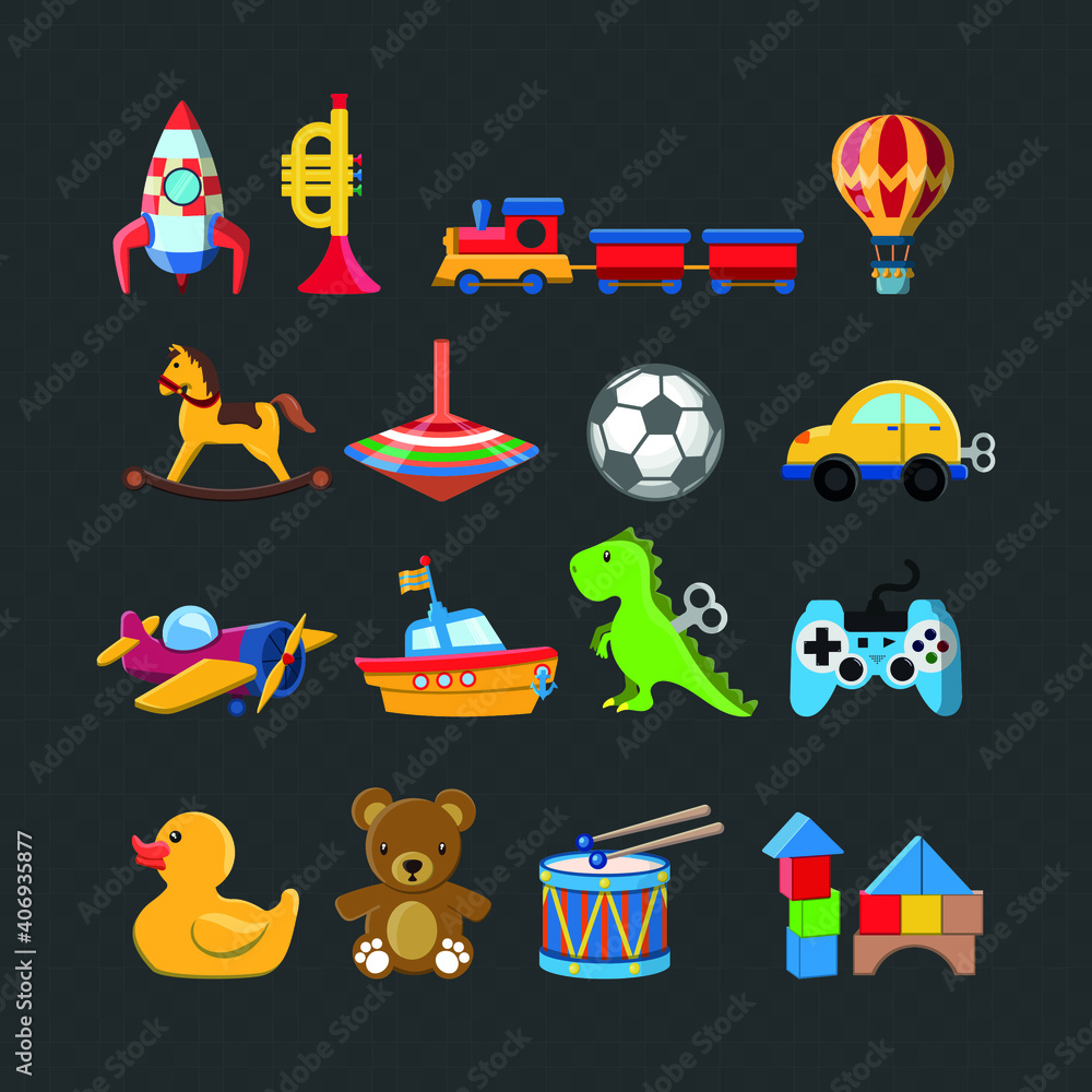Naklejka premium Vector image. Cute vector objects of kids toys. Funny images.