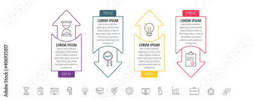 Vector infographic with 4 arrows, label, numeral, icons. Timeline used for diagram, chart, banner, workflow layout,, flowchart, info graph, timeline, content, chart, processes diagram
