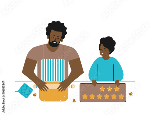 Vector isolated flat illustration. Happy African American girl helps  single father, lays cookies on baking sheet. Daddy rolls dough, teaches daughter to cook. Cozy pastime of family at home