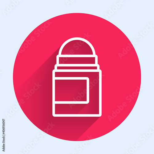 White line Antiperspirant deodorant roll icon isolated with long shadow. Cosmetic for body hygiene. Red circle button. Vector.