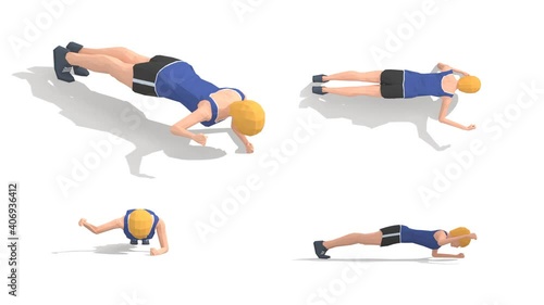 Woman exercise animation 3d model on a white background in the yellow t-shirt. Low Poly Style