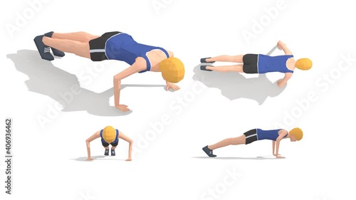 Woman exercise animation 3d model on a white background in the yellow t-shirt. Low Poly Style