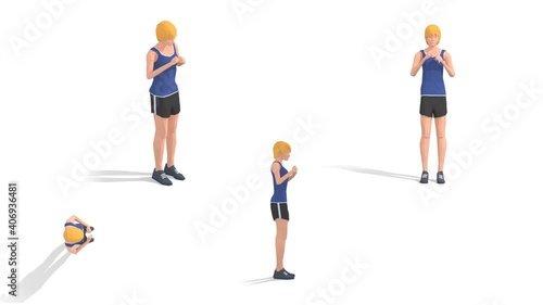 Woman exercise animation 3d model on a white background in the yellow t-shirt. Low Poly Style