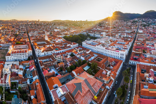 Aerial view of old streets of the colonial city Sucre, Bolivia