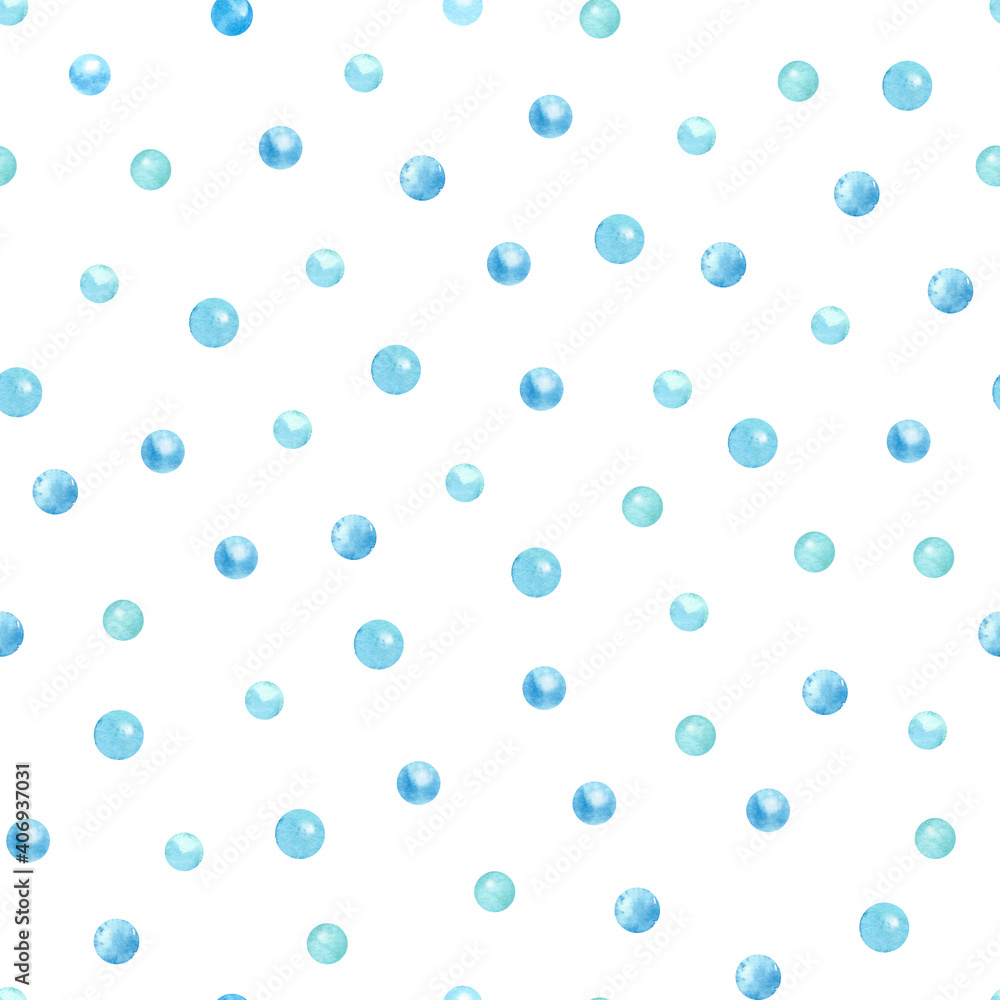 Watercolor seamless pattern with blue bubbles  on white. Nice textile print. Great for fabrics, wrapping papers, wallpapers, linens, baby clothes. Hand painted illustration.