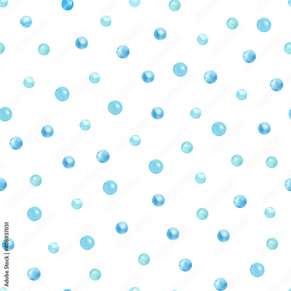 Watercolor seamless pattern with blue bubbles on white. Nice textile print. Great for fabrics, wrapping papers, wallpapers, linens, baby clothes. Hand painted illustration. Watercolor seamless pattern with blue bubbles on white. Nice textile print. Great for fabrics, wrapping papers, wallpapers, linens, baby clothes. Hand painted illustration.