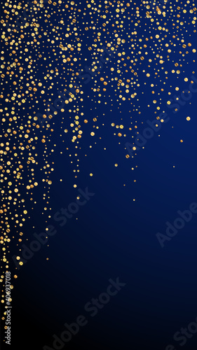 Festive lovely confetti. Celebration stars. Gold confetti on dark blue background. Good-looking festive overlay template. Vertical vector background.