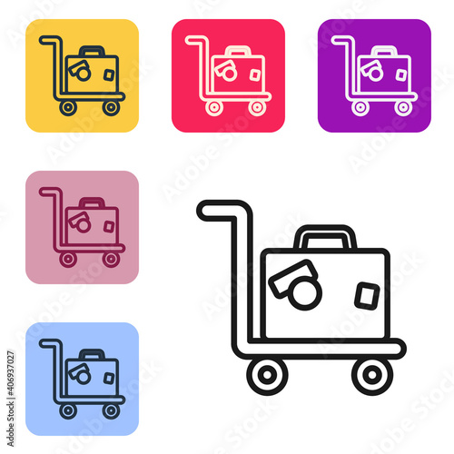 Black line Hotel luggage cart with suitcase icon isolated on white background. Traveling baggage sign. Travel luggage icon. Set icons in color square buttons. Vector.