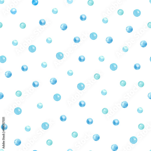 Watercolor seamless pattern with blue bubbles on white. Nice textile print. Great for fabrics, wrapping papers, wallpapers, linens, baby clothes. Hand painted illustration.