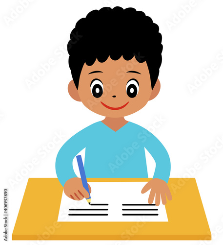 A boy studying and doing school homework holding a pencil