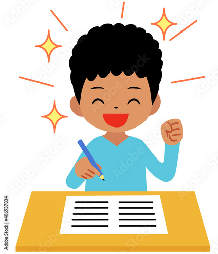 A boy studying and doing school homework holding a pencil
