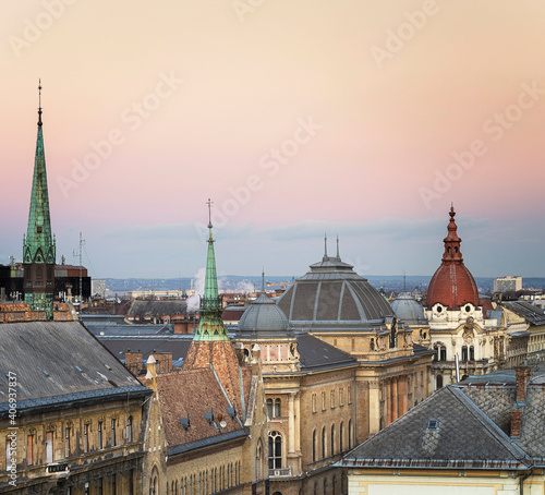 Rooftops of Budapest in winter in sunset