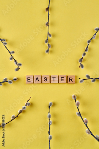 Easter concept vertical shot. Pussy willow branches on yellow background.