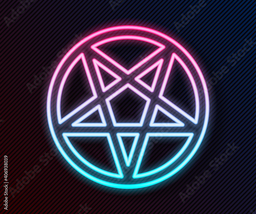 Glowing neon line Pentagram in a circle icon isolated on black background. Magic occult star symbol. Vector.