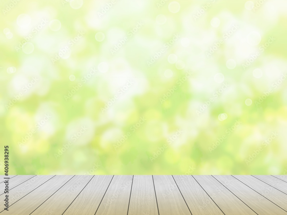 キラキラした光が照らす緑と木板との背景素材 キラキラした光が照らす緑と木板との背景素材