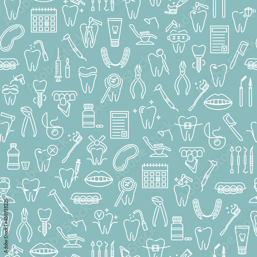 Seamless pattern with line dentistry icons. Dental flat vector elements.