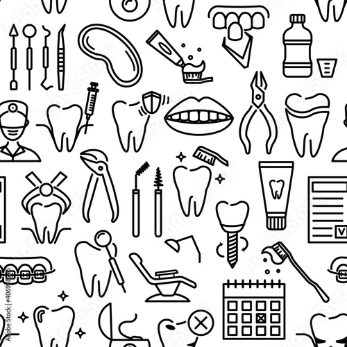 Seamless pattern with line dentistry icons. Dental flat vector elements.