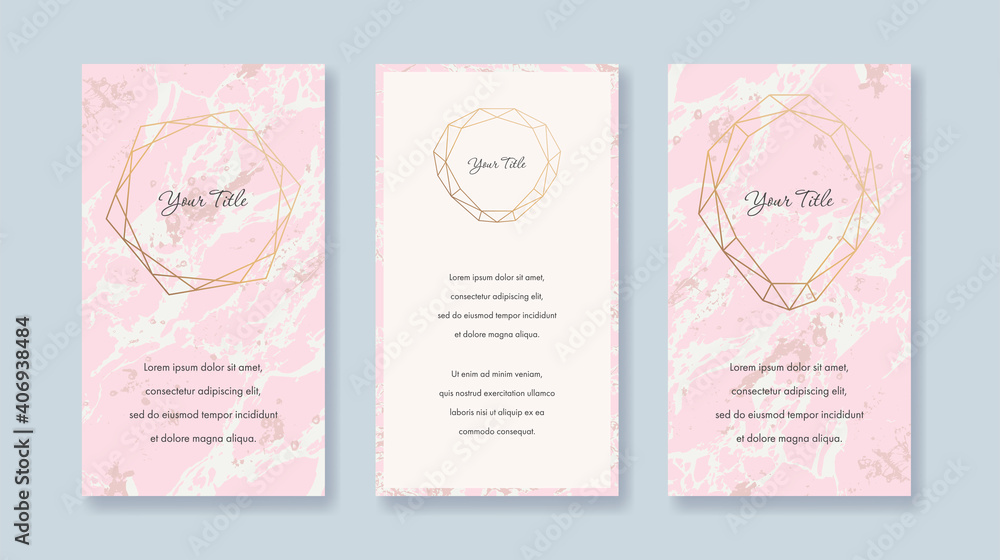 Set of vertical vector banners for social media mobile apps. Pink and golden marble texture. Geometric frame